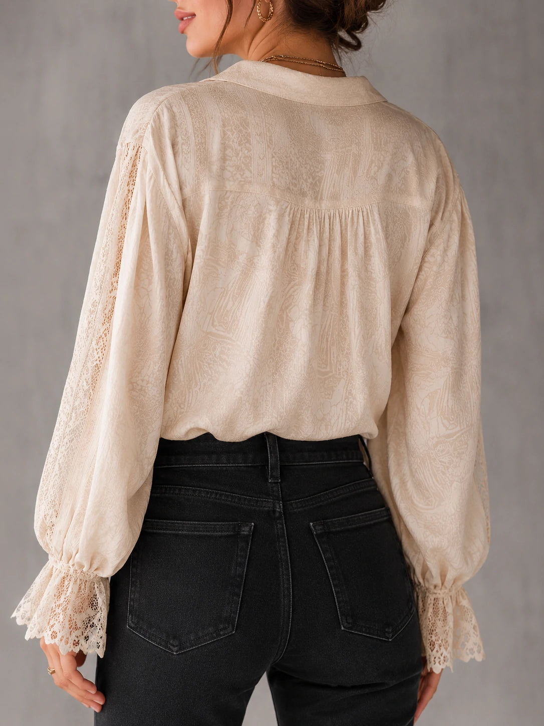 Romantic Victorian-Inspired Cream Print Lace Blouse