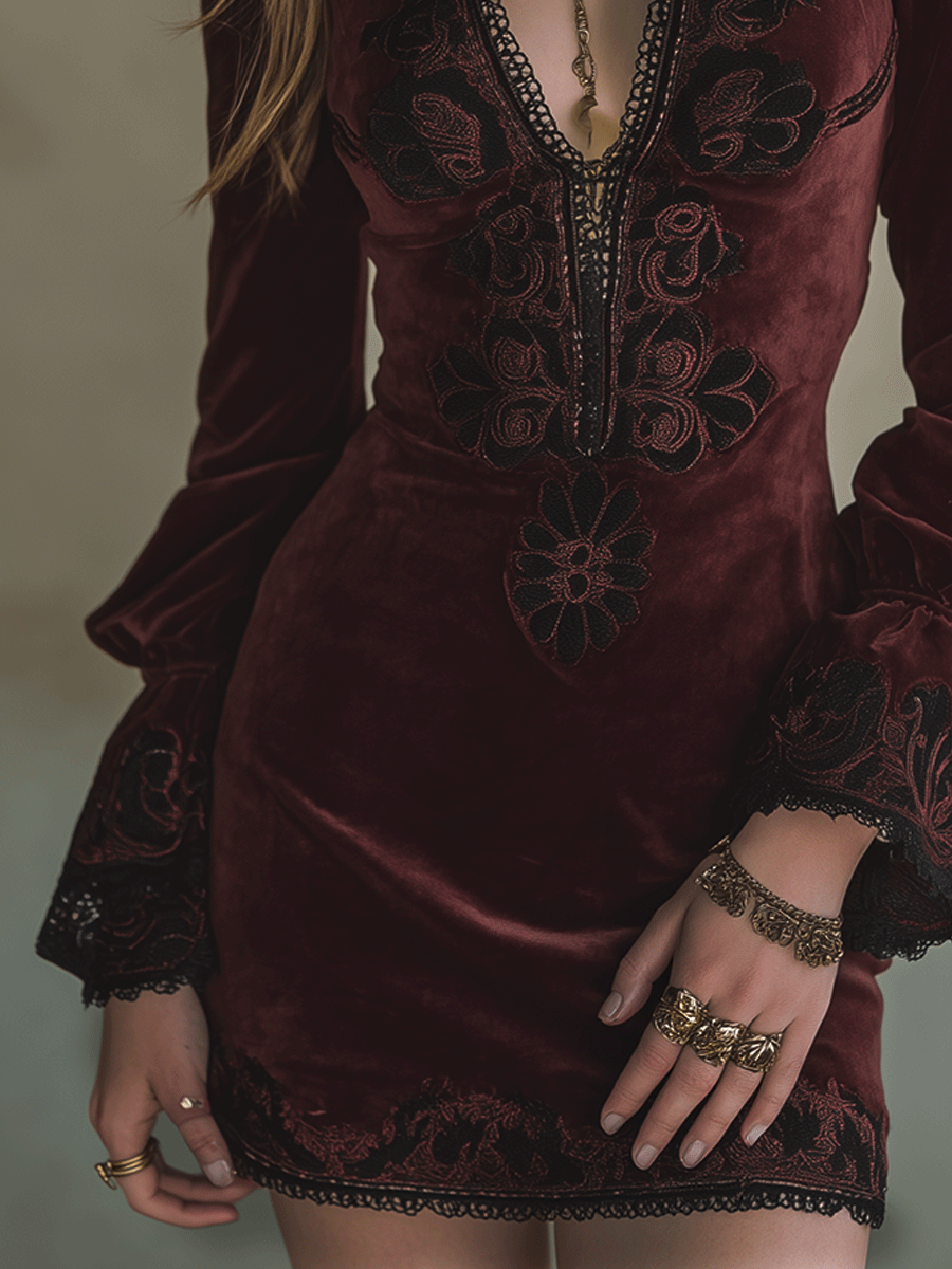 Vintage Burgundy Baroque Embroidered Velvet Deep-V Mini Dress