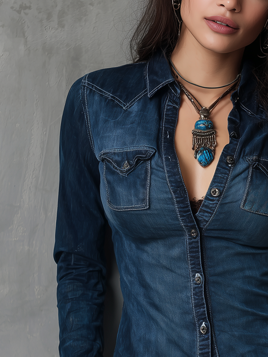 Retro Contrast Stitching Washed Long Sleeve Blouse