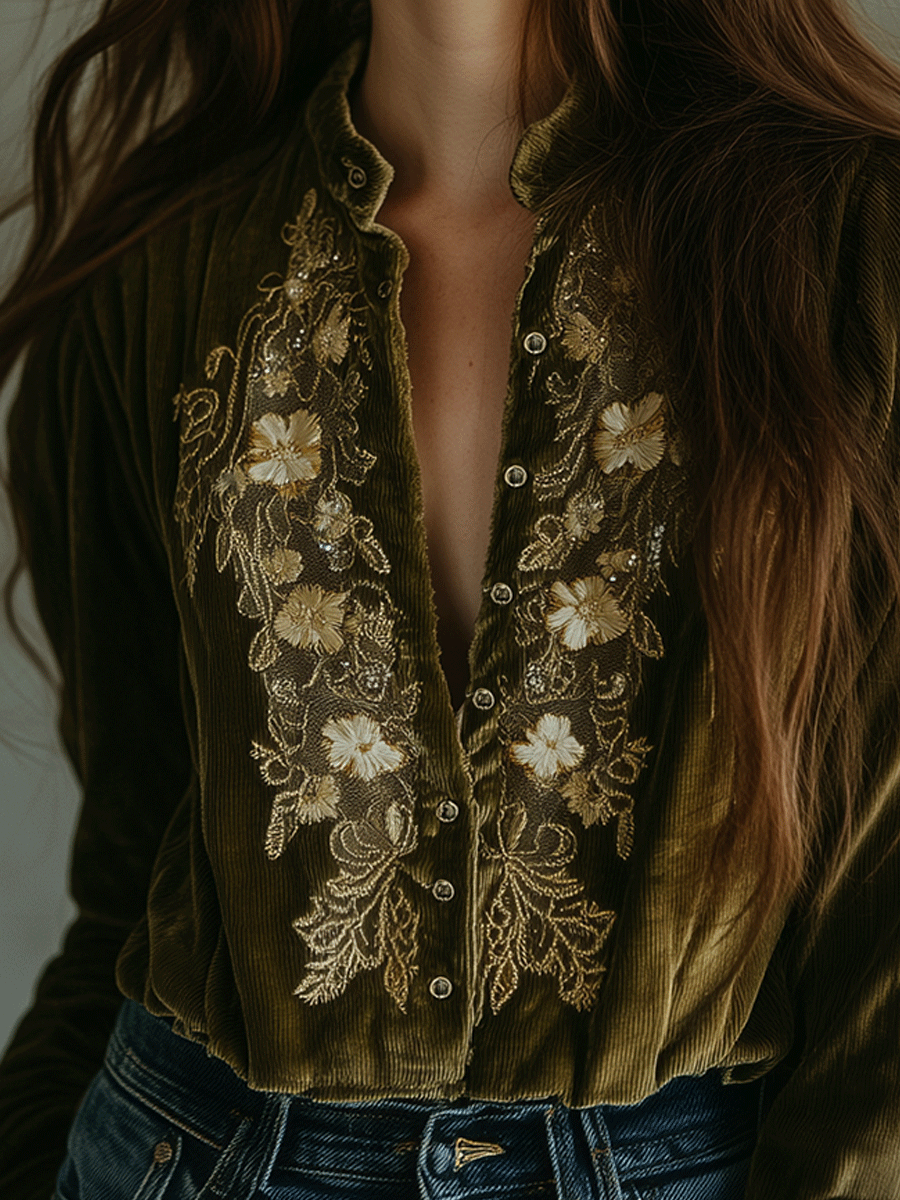 Olive Green Velvet Floral Embroidered Blouse