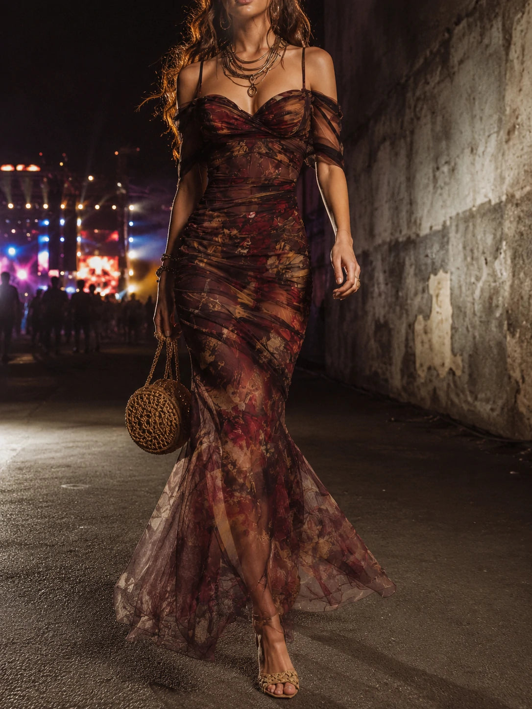 Vintage Floral Print Off-the-Shoulder Ruched Mesh Mermaid Maxi Dress