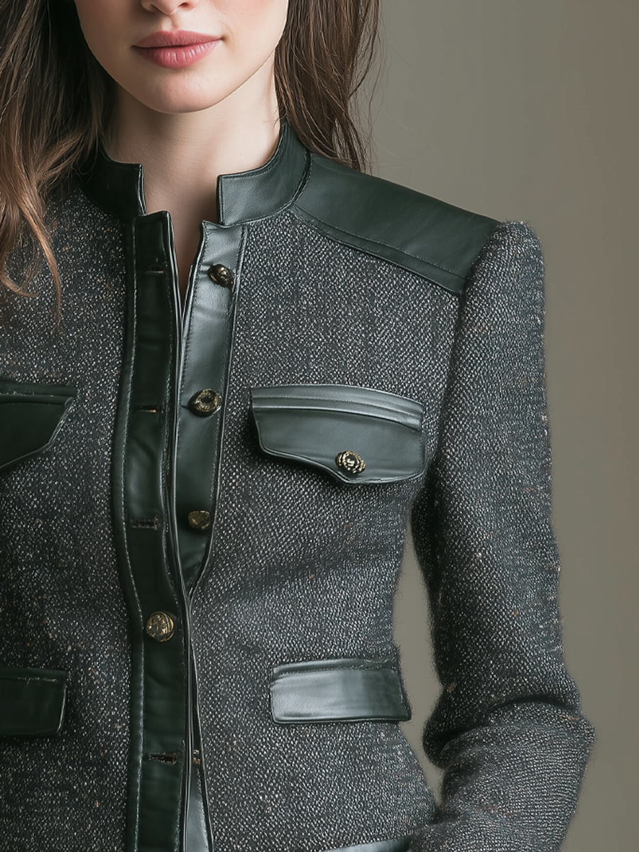 Vintage Eco-leather Trim Stand Collar Tweed Jacket