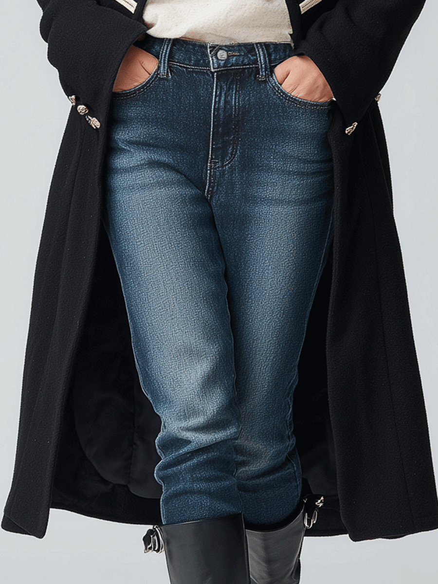 Vintage Black Double-Breasted Contrast Faux Fur Long Coat