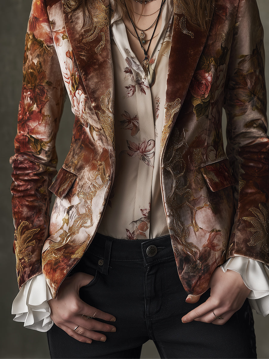 Quiet Luxury Velvet Printed Lapel Blazer