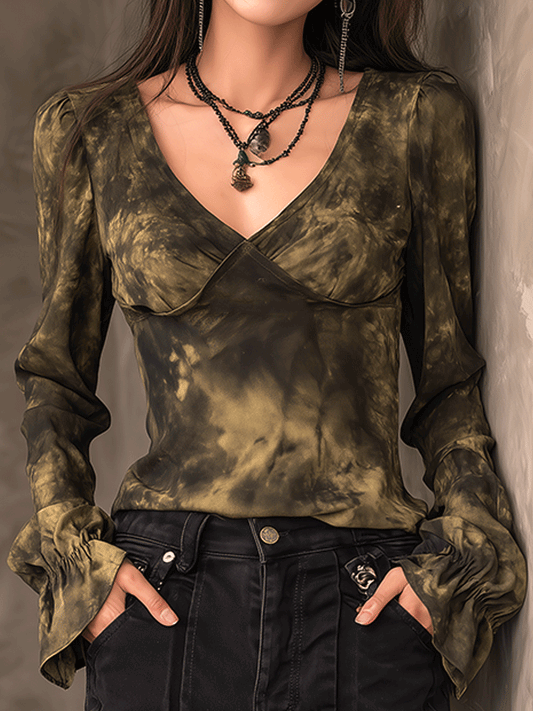 Vintage Dark Brown V-Neck Tie-Dye Trumpet Sleeve Top