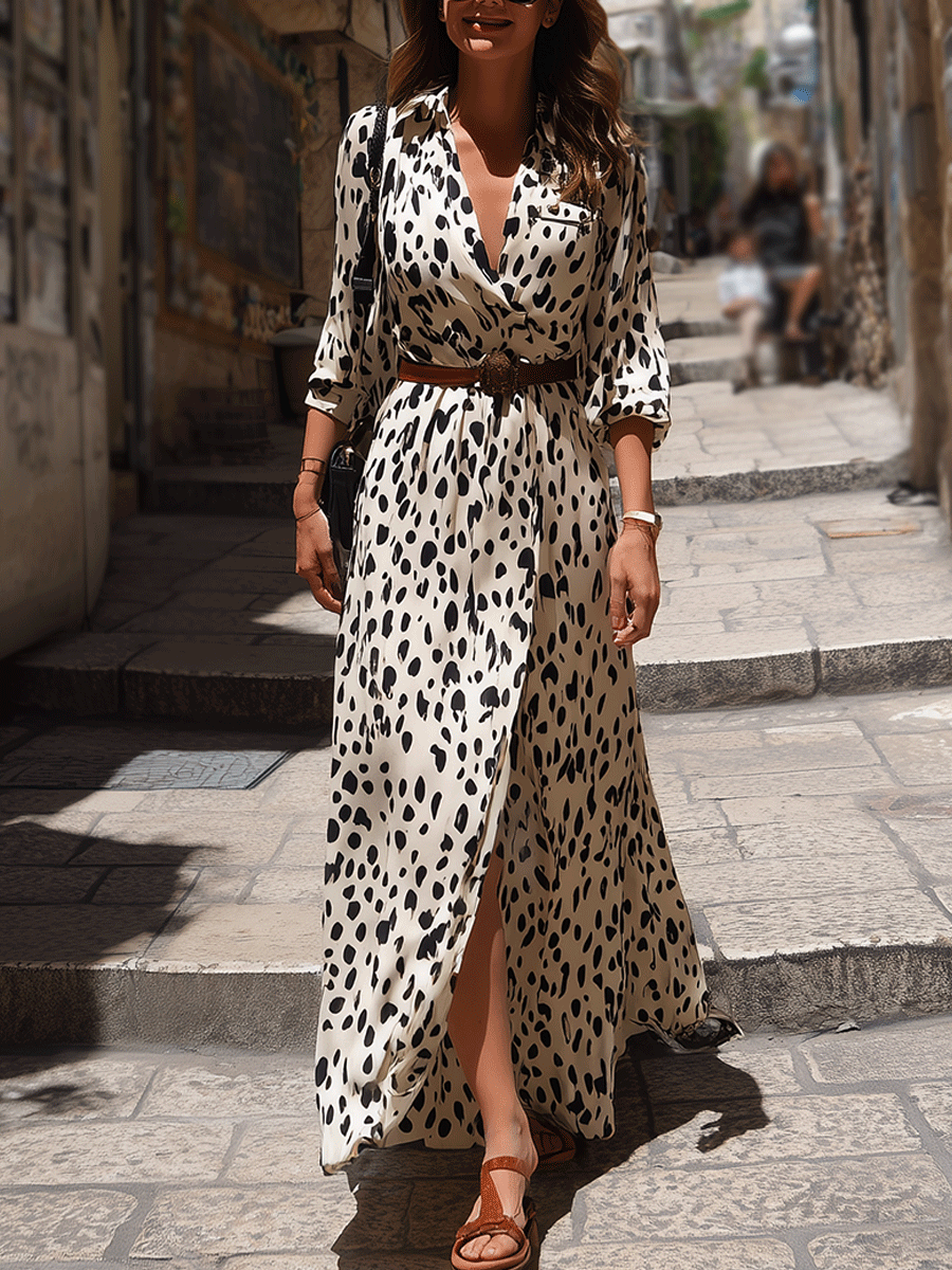 Romantic Belted Slit V-Neck Animal Print Maxi Dress