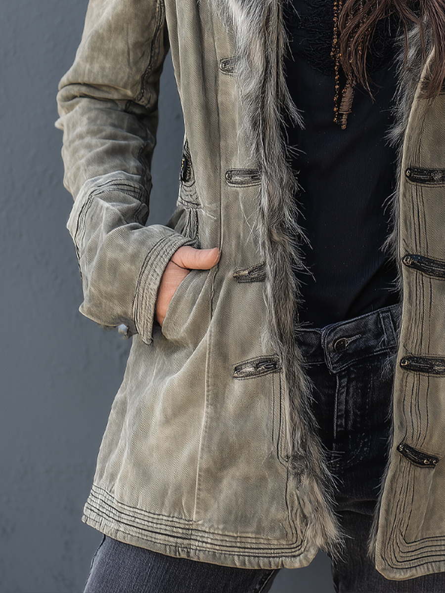 Vintage Distressed Eco-friendly Fur Collar Mid-length Coat