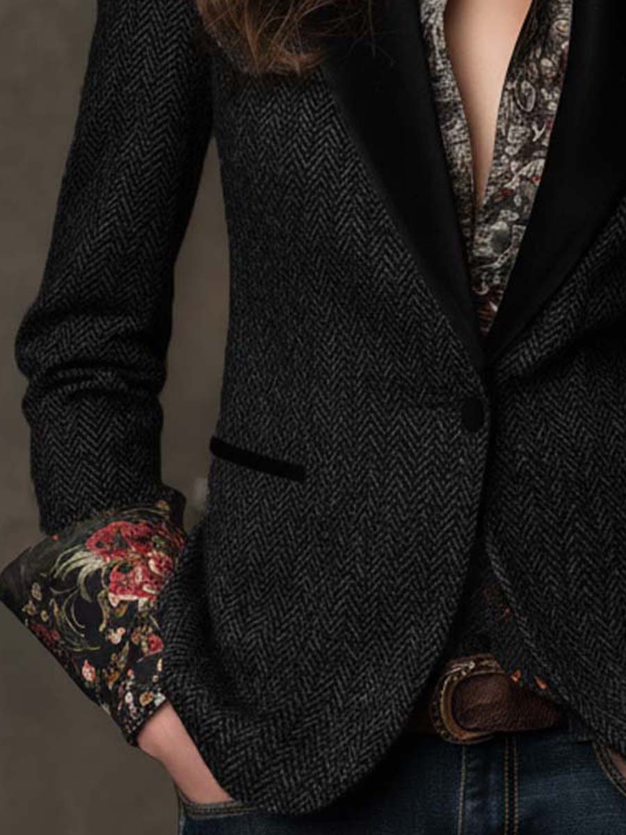 Chenille Herringbone Blazer With Velvet Lapels And Floral Contrast Cuffs