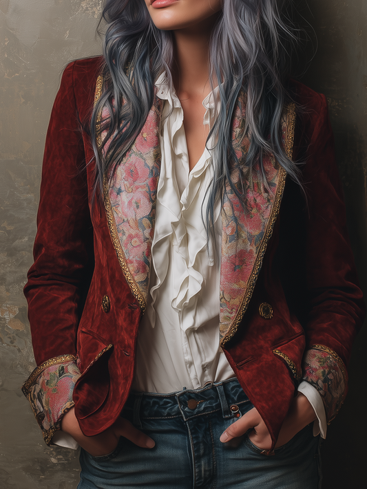 Vintage Floral Print Gold Trim Polyester Suede Blazer