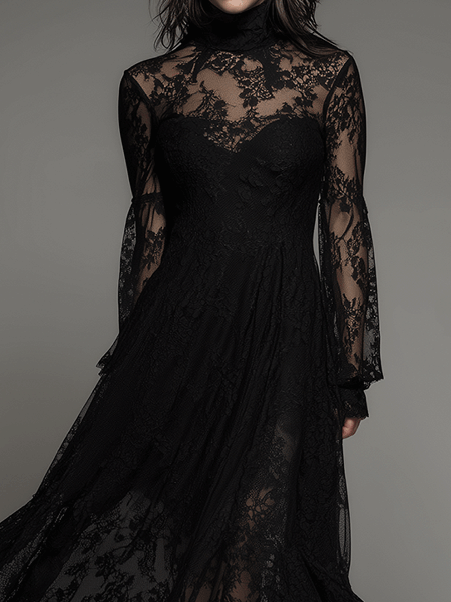 Gothic Elegance Black Victorian Lace Maxi Dress