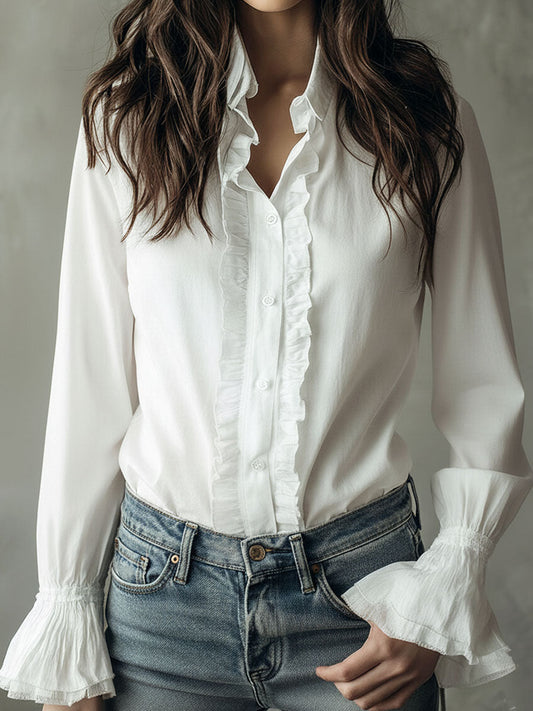 Elegant Ruffled Button-Down Long Sleeve Shirt With Flared Cuffs