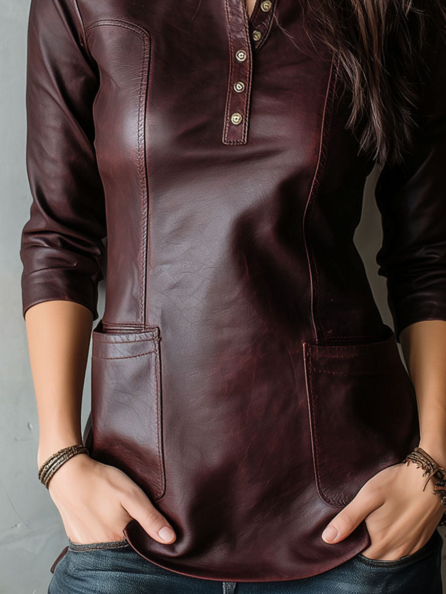 Vintage Burgundy Eco Leather Henley Shirt With Pockets