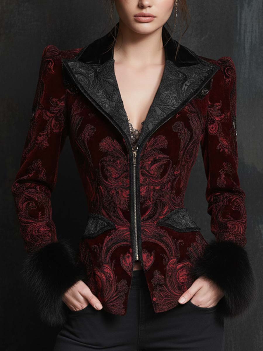 Burgundy Velvet Jacquard Jacket With Faux Fur Cuffs – Baroque Luxury