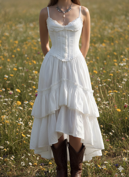 Retro Boho White Corset Tiered Midi Dress With Lace-Trim