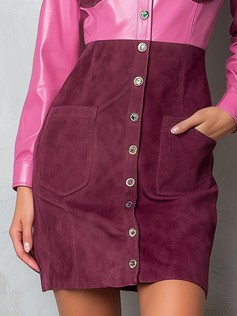 Pink And Burgundy Colorblock Eco Leather & Suede Shirt Dress