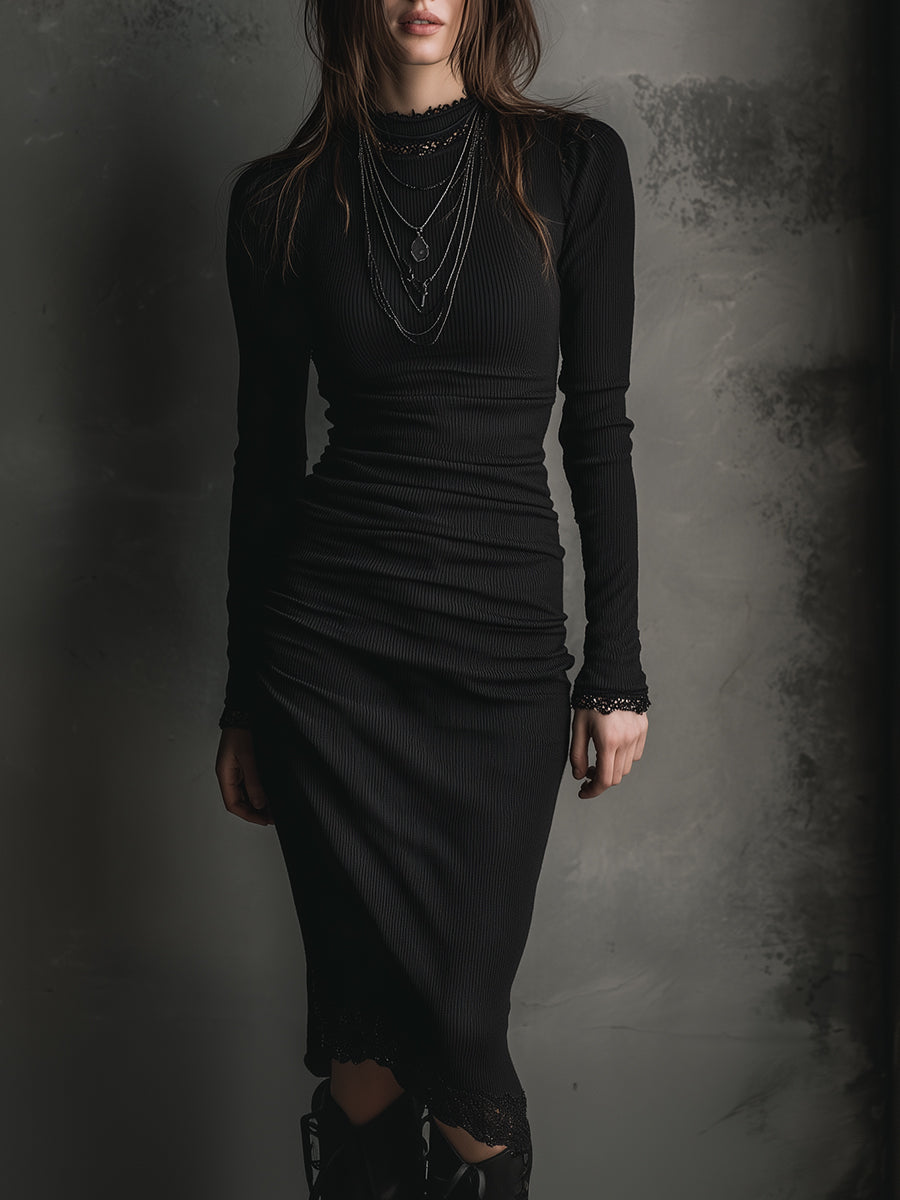 Basic Versatile Bottoming Lace Patchwork Stretch Knit Midi Dress