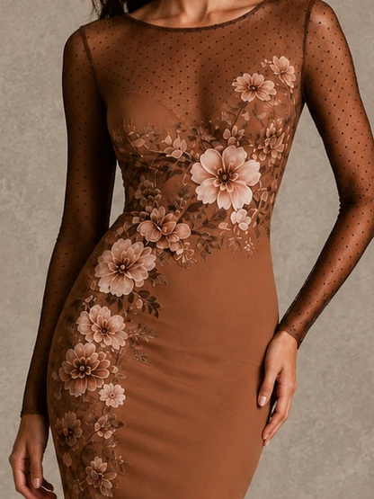 Vintage Floral Print Polka Dot Mesh Long Sleeve Bodycon Midi Dress