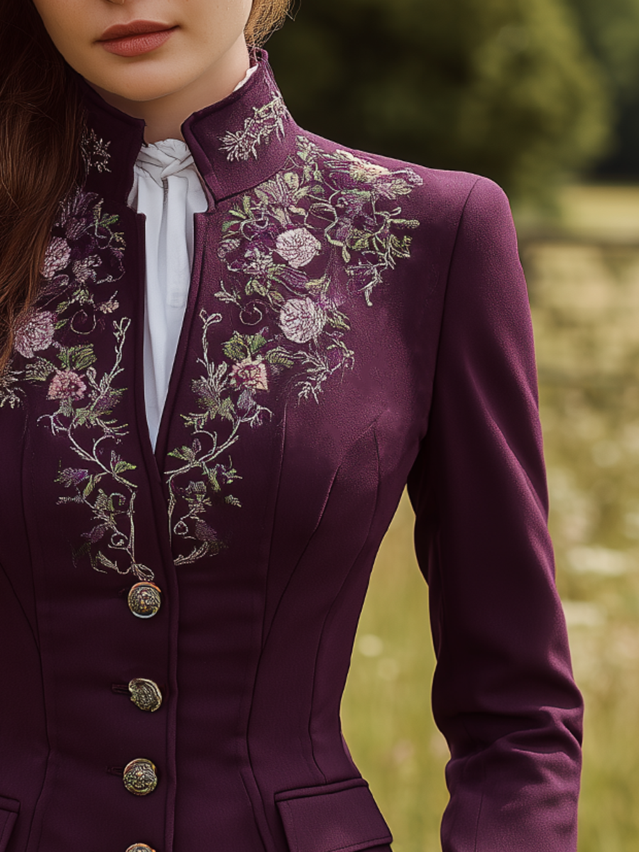Vintage Stand Collar Embroidered Button Jacket