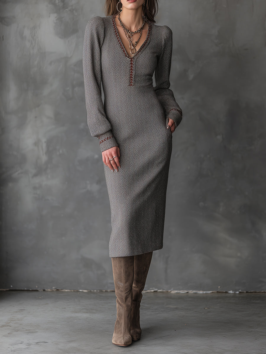 Elegant Bohemian Ash Taupe Sculpted Herringbone Knit Midi Dress
