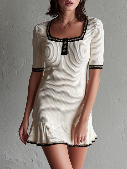 Quiet Luxury Ivory Ribbed Knit Gold-Trim Mini Dress With Flounce Hem
