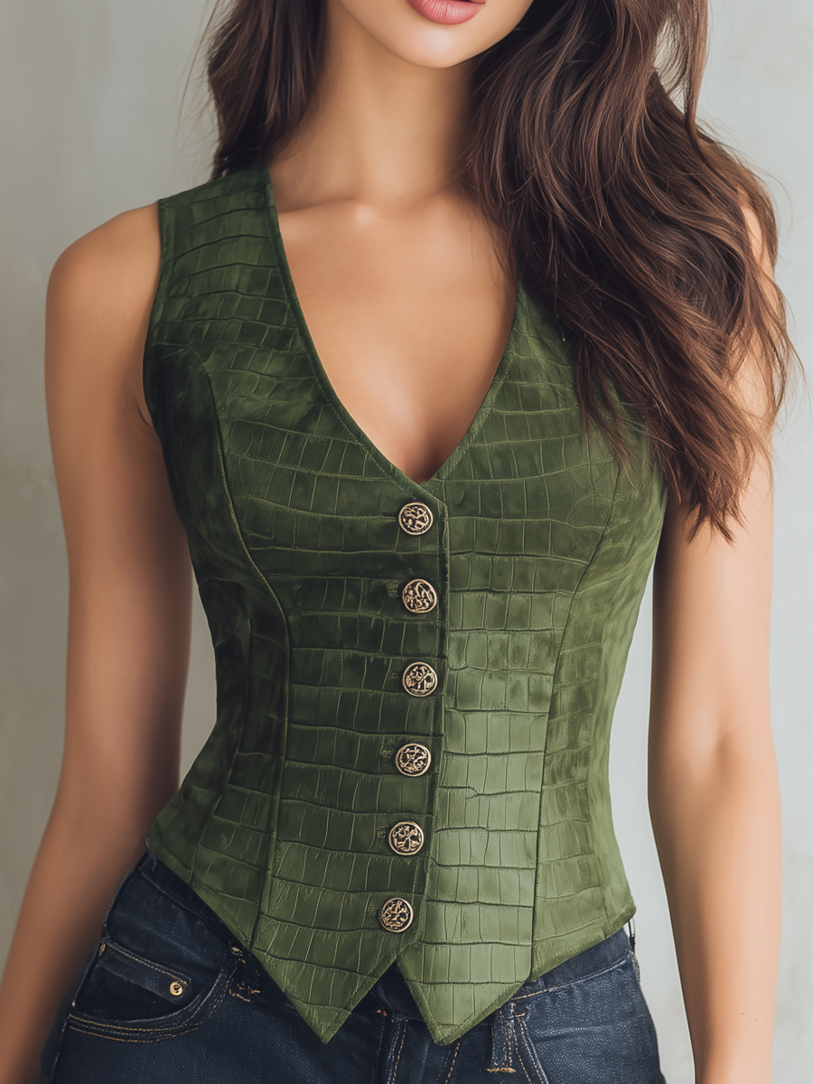 Vintage Buttons Crocodile Faux Suede Leather Vest
