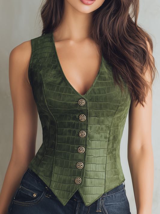 Vintage Buttons Crocodile Faux Suede Leather Vest