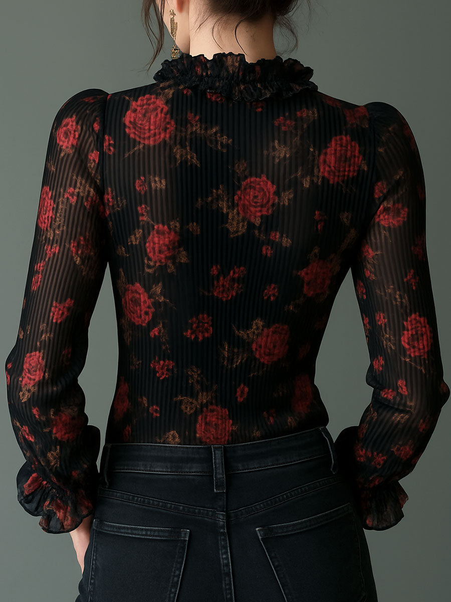 Romantic Ruffled Black Rose Floral Print Blouse