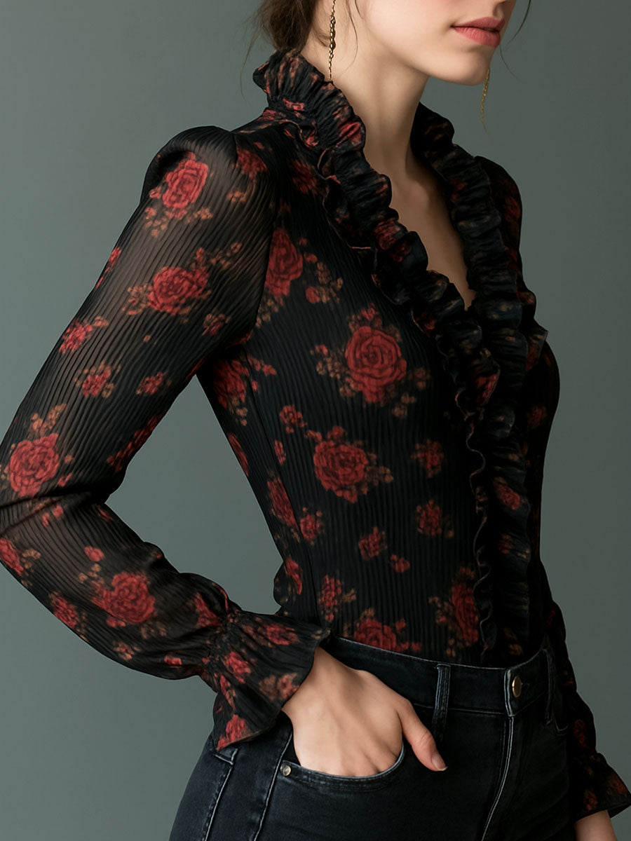 Romantic Ruffled Black Rose Floral Print Blouse