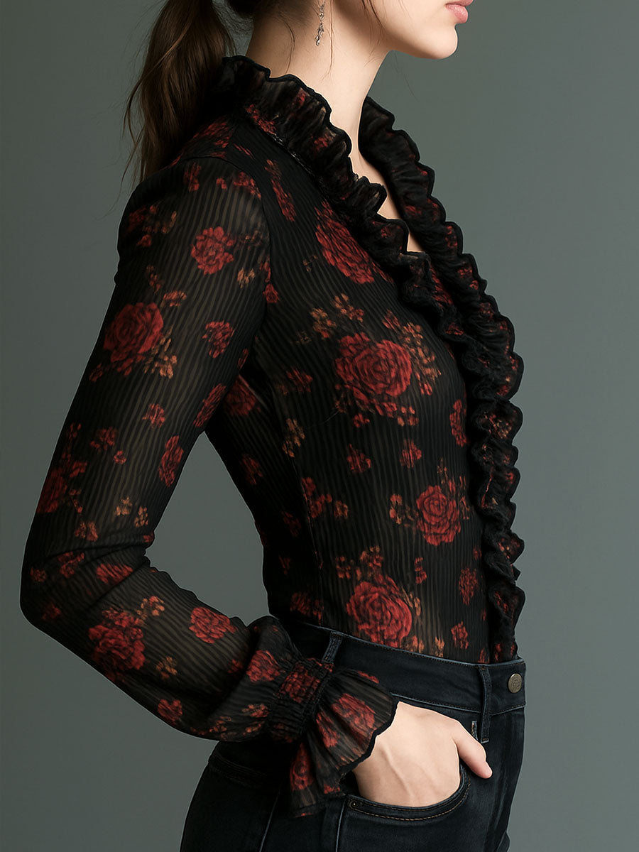 Romantic Ruffled Black Rose Floral Print Blouse