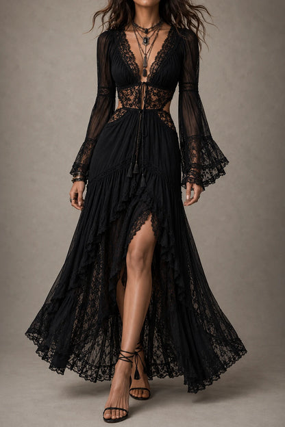 Black Lace Bell Sleeve Deep V Boho Maxi Dress
