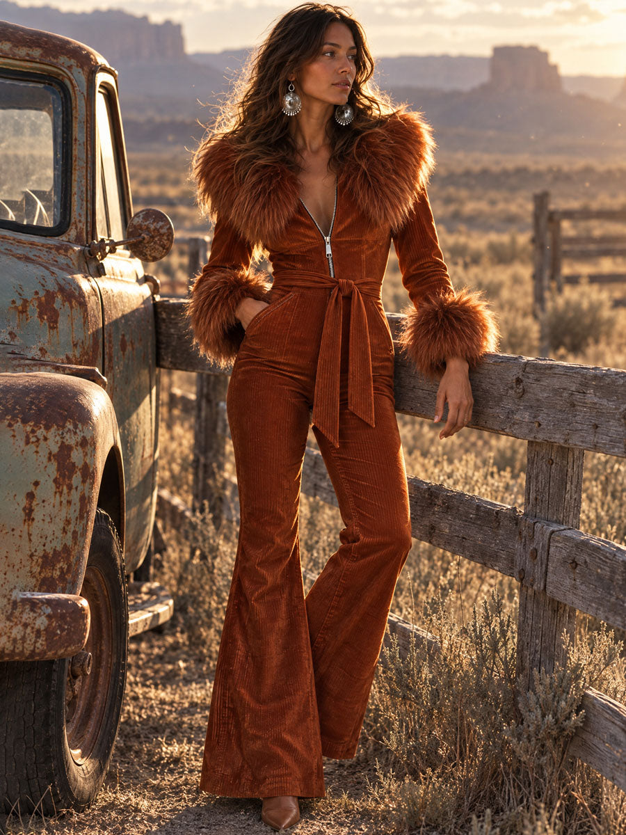 Retro 70s Rust Orange Corduroy Flare Jumpsuit with Faux Fur Collar & Cuffs