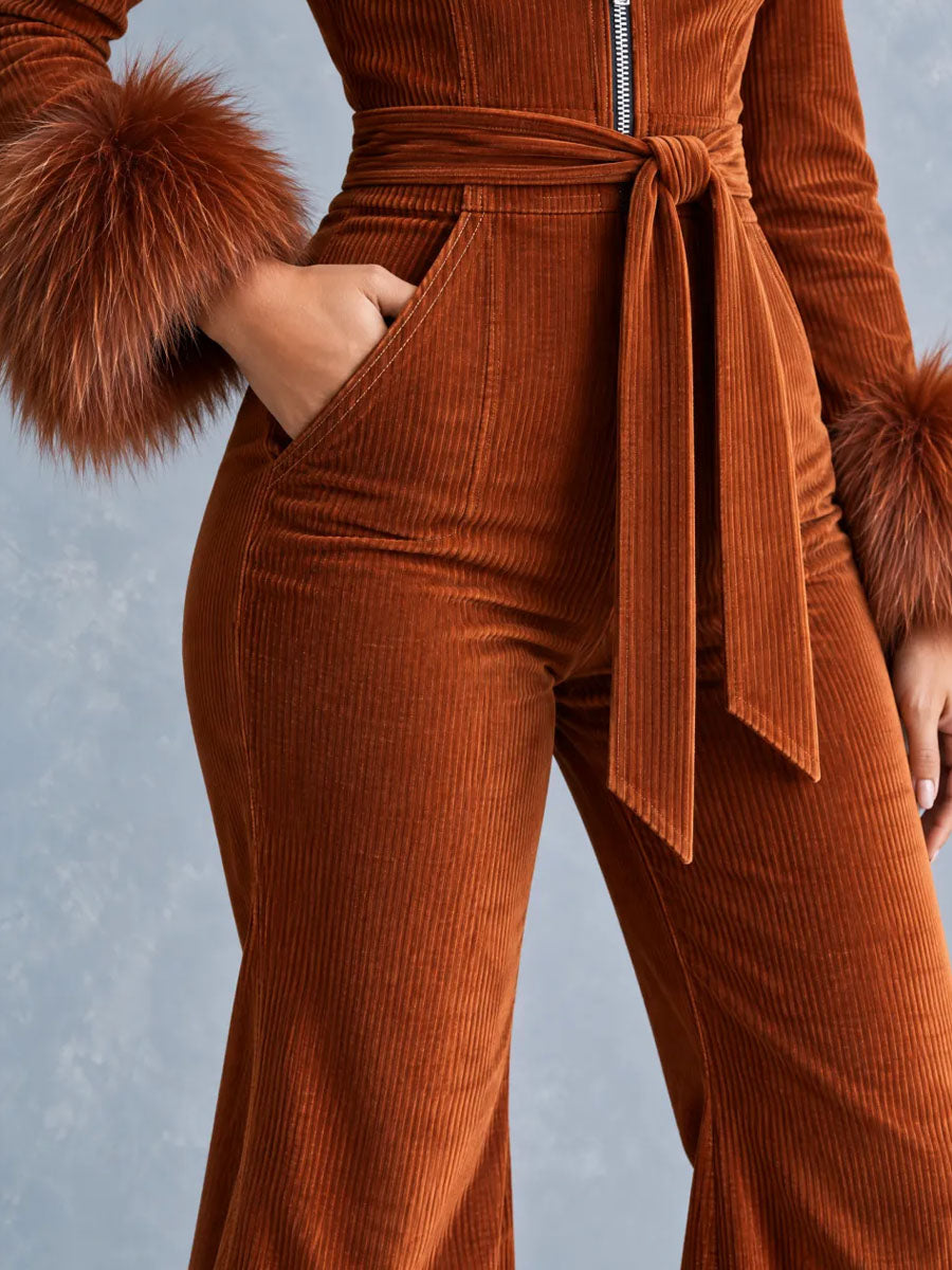 Retro 70s Rust Orange Corduroy Flare Jumpsuit with Faux Fur Collar & Cuffs