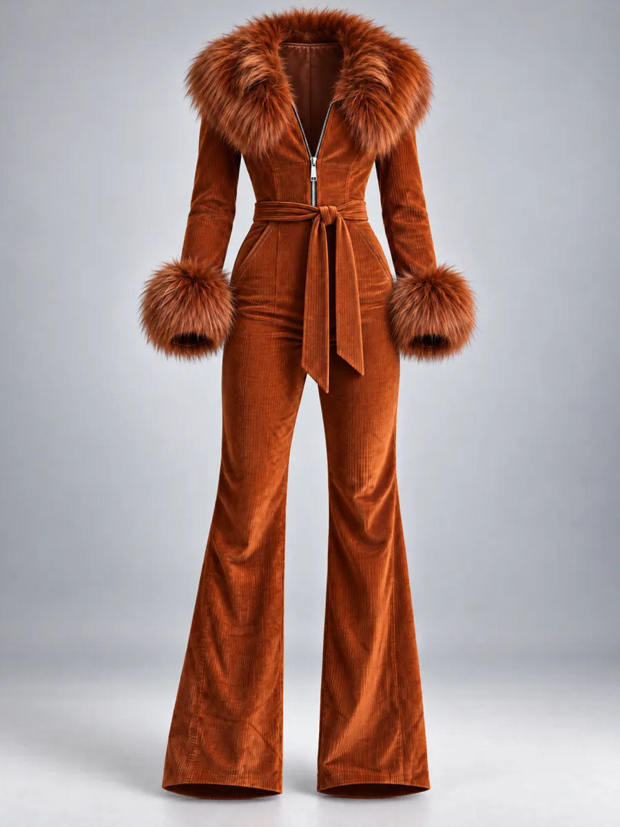 Retro 70s Rust Orange Corduroy Flare Jumpsuit with Faux Fur Collar & Cuffs