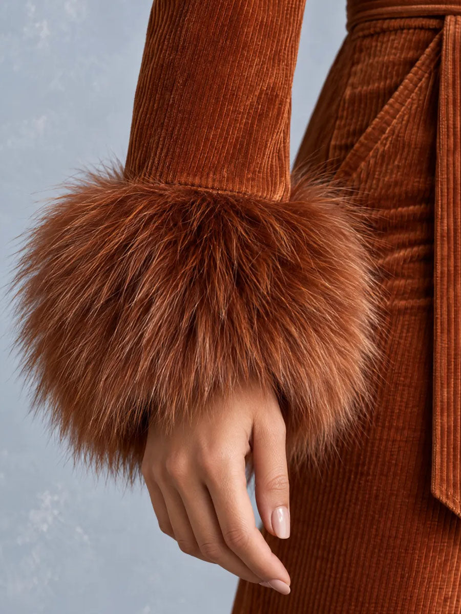 Retro 70s Rust Orange Corduroy Flare Jumpsuit with Faux Fur Collar & Cuffs