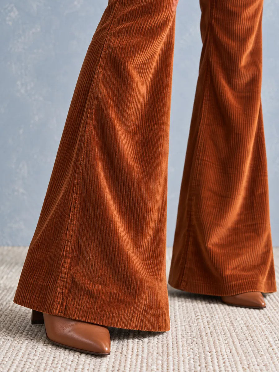 Retro 70s Rust Orange Corduroy Flare Jumpsuit with Faux Fur Collar & Cuffs
