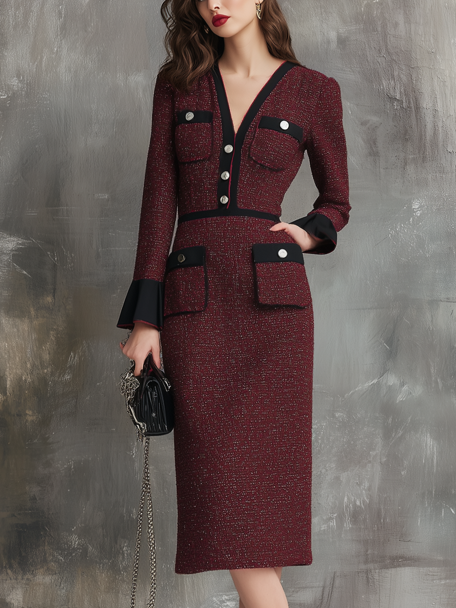 Retro Contrasting Flare Cuffs Tweed Midi Dress