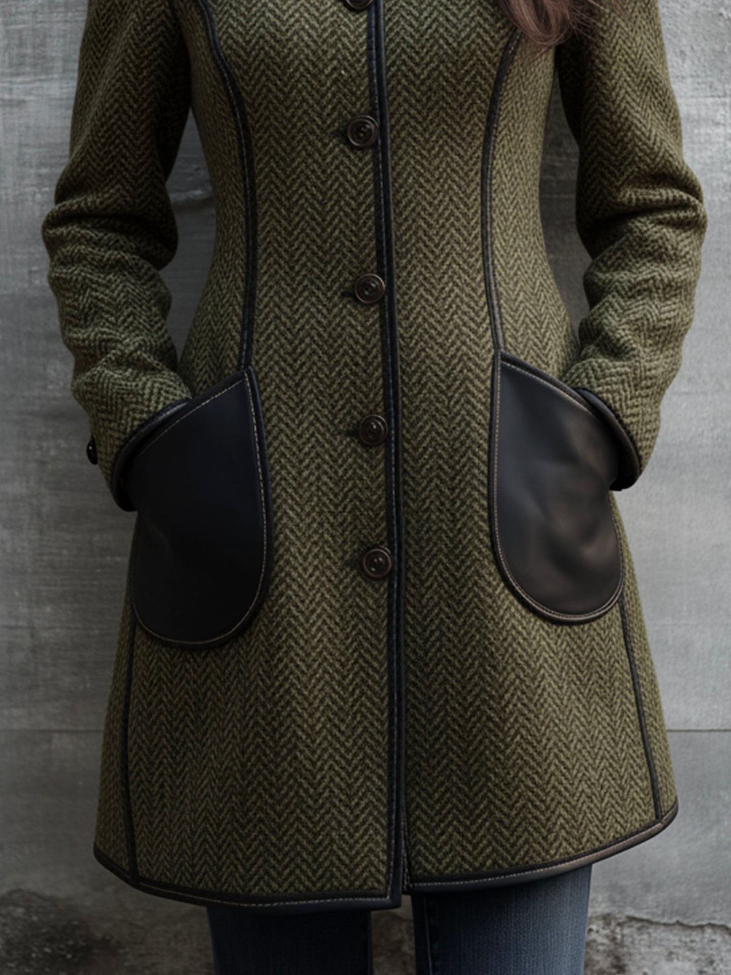 Olive Green High Neck Herringbone Buckle Coat With Contrast Leather Trim