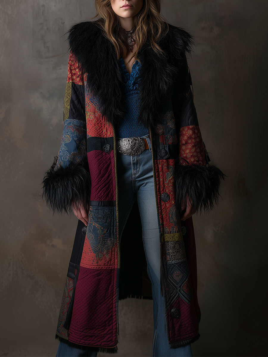 Detachable Fur Collar Vintage Print Quilted Midi Coat