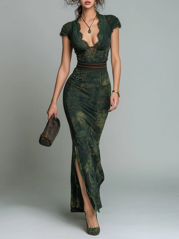 Retro Lace Trim Cap Sleeves Side Slit Maxi Dress