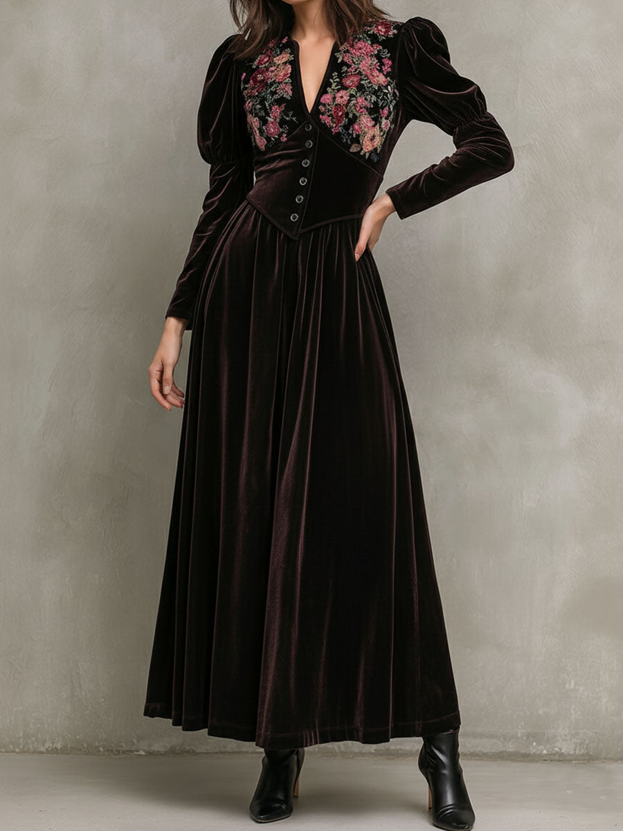 Vintage Velvet Embroidered Vintage Maxi Dress With Puff Shoulders
