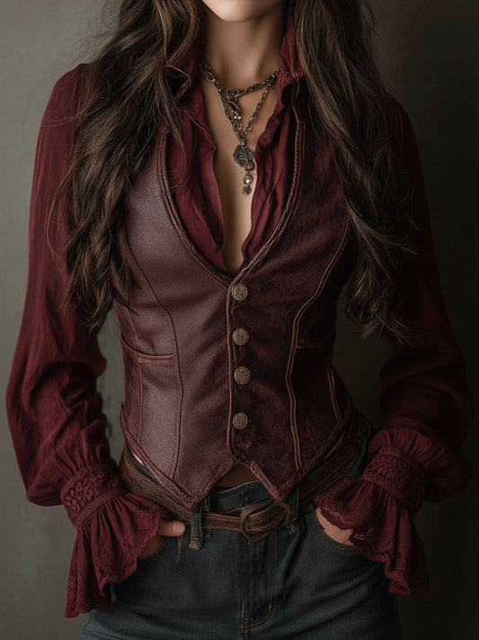 Vintage Burgundy Eco Leather Corset Vest