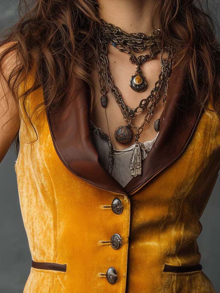 Vintage Velvet Vest With Eco-Leather Lapel
