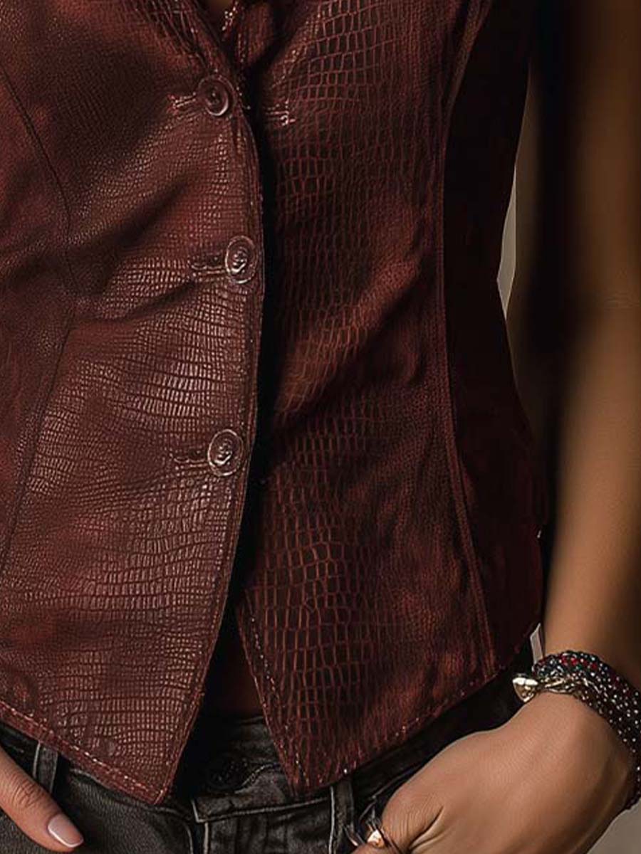 Burgundy Western Croc Embossed Faux Leather With Micro Suede Vest