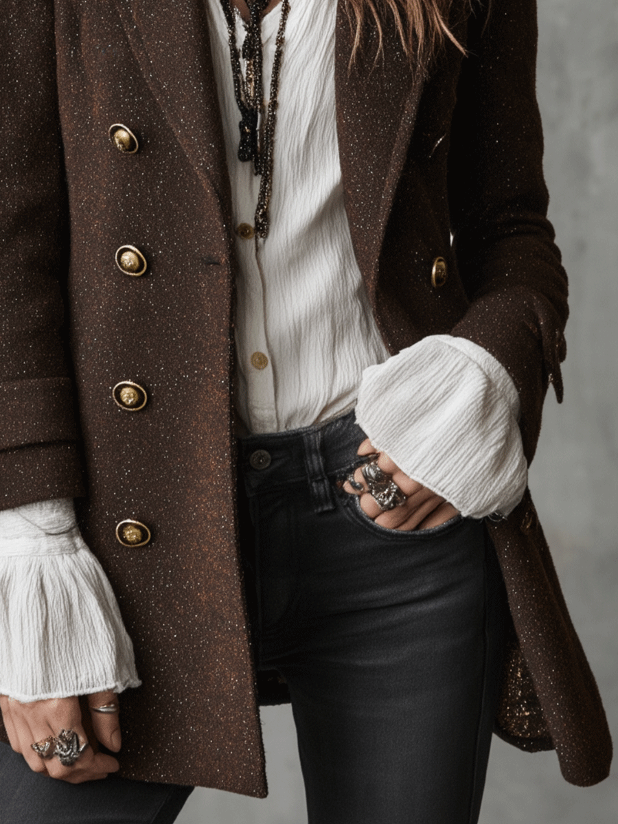 Vintage Brown Wool Double-Breasted Military Blazer Coat