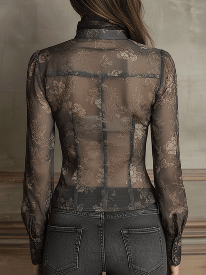 Vintage Boho Elegance Black Sheer Lace Trim Fitted Blouse