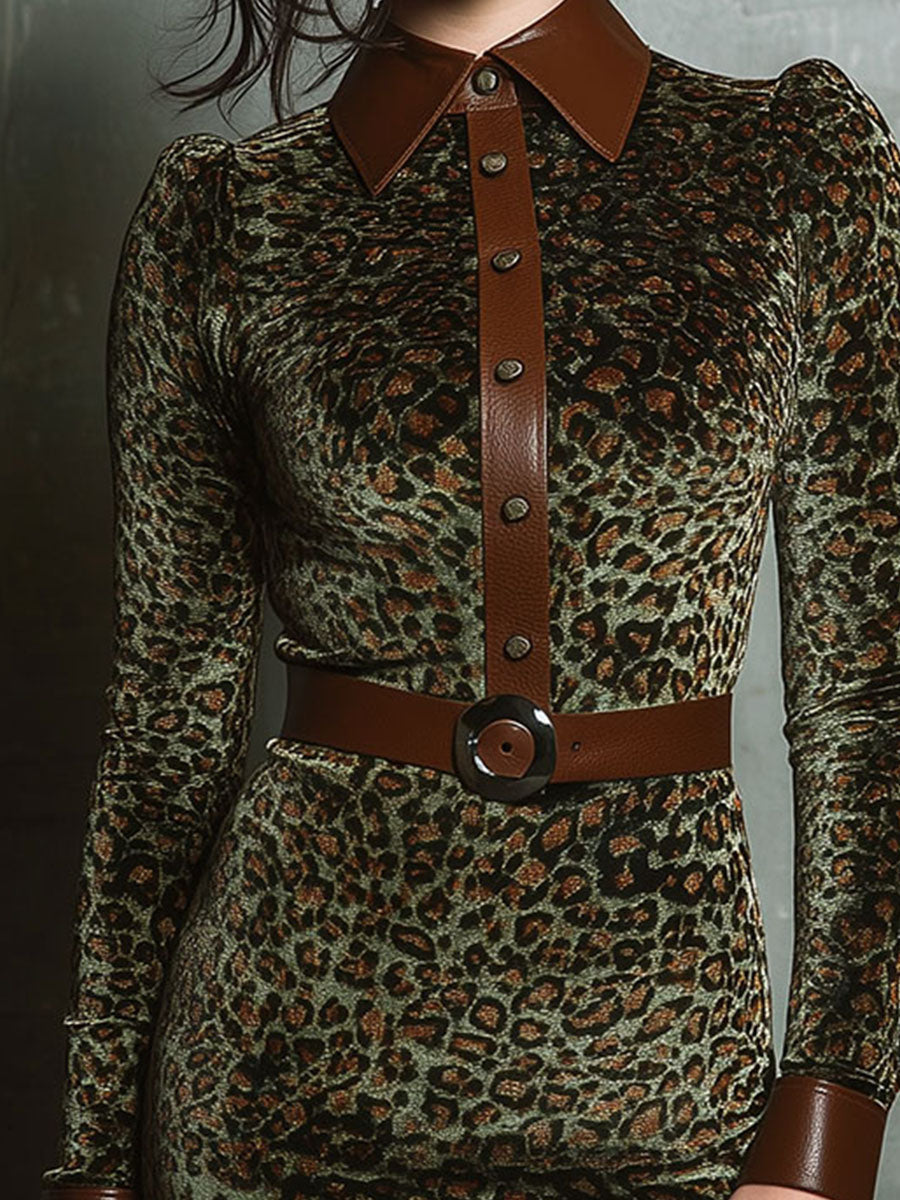 Classic Leopard Print Eco Leather Trim Velvet Mini Dress