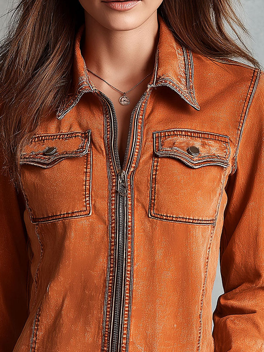 Vintage Burnt Orange Utility Zip Lightweight Jacket