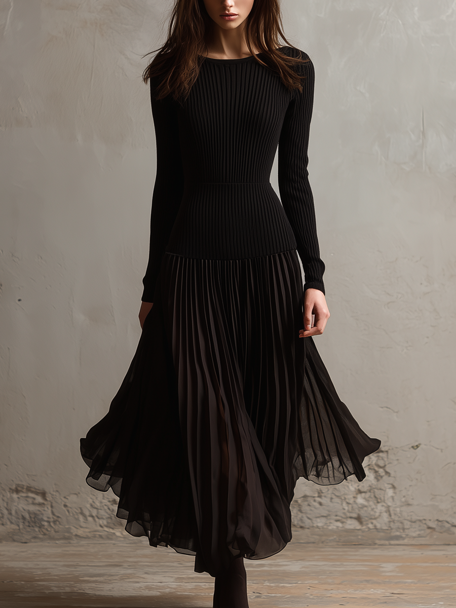 Vintage Knitted Chiffon Hem Midi Dress