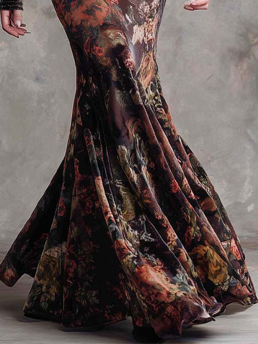 Floral Print Velvet Mermaid Maxi Dress