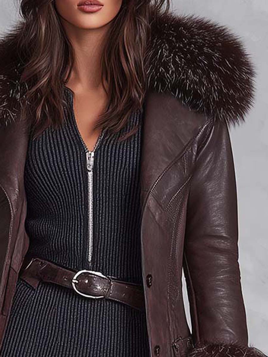 Vintage Reddish Brown Eco-Leather Coat With Detachable Fur Collar